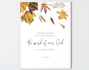 Jesaja 40:8, Danksagung Bibelvers Fall Christliche Wandkunst Herbst Blätter Schrift Poster Home Dekor Druck, Das Wort unseres Gottes