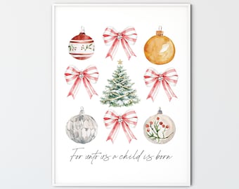For Unto Us A Child Is Born, Christmas Christian Printable Wall Art Print Watercolor  Ribbon Ornament Home Decor Scripture Poster Gift