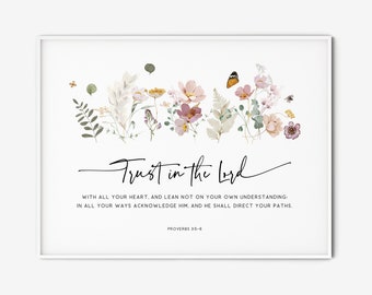 Trust in the Lord Proverbs 3:5-6, Horizontal Bible Verse Wall Art Christian Decor Scripture Print Bible Quote Home Wall Decor Printable Gift