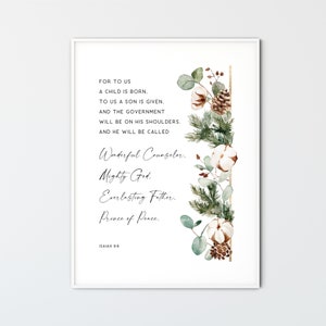 Isaiah 9:6 Wonderful Counselor Mighty God Everlasting Father Prince of Peace, Christmas Scripture Christian Printable Bible Verse Wall Art