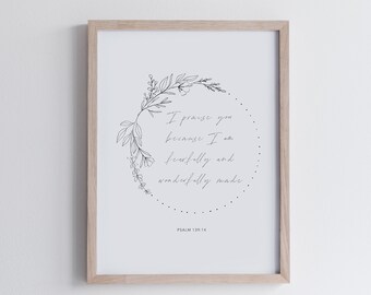 Psalm 139:14 Printable Bible Verse Wall Art, I Am Fearfully And Wonderfully Made, Minimalist Christian Scripture Wall Decor Religious Gift