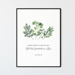 Proverbs 16:9 Bible Verse Wall Art Greenery Scripture Print Christian Home Decor Gift Printable Wall Art Decor, A Man’s Heart Plans His Way