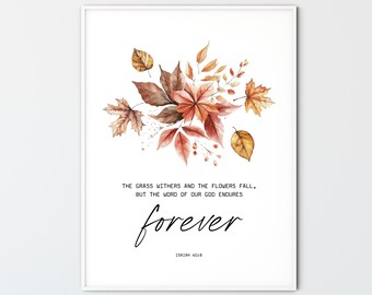 Isaiah 40:8 The word of our God, Autumn Christian Wall Art Fall Leaves Printable Scripture Thanksgiving Bible Verse Home Decor Gift