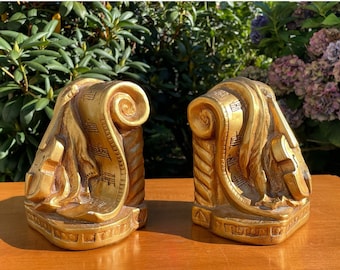 Mid Century (1965) Heavy Gilded Bookends/Progressive Art Products/Gold Colored/Heavy Clayware Pottery/Vintage Violin Music Bookends Set of 2