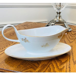 Vintage Bohemia Porcelain Gravy Boat with Attached Tray/Gold Floral & Gold Trim Replacement Gravy Bowl Serving Tray Made in Czechoslovakia