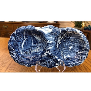 James Kent Old Foley Staffordshire Blue Double Dish Serving Tray Farm Village Scene Genuine Hand Engraving Made In England