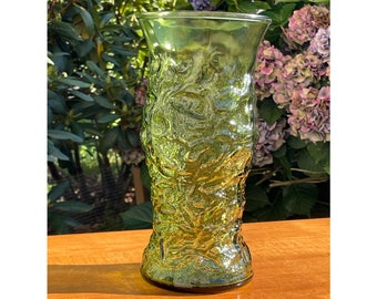 Vintage EO Brody Cleveland OH USA Avocado Green Mid Century Crinkled Textured Glass Flower Vase