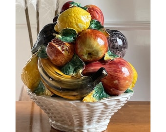 Vintage Italian Majolica Fruit Basket In Pottery Sculpture Bright Colorful Glazed Ceramic Fruit Basket Centerpiece Kitchen Display