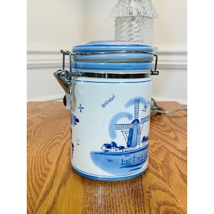 Vintage Delft Hand Painted Windmill/Ocean Scene Ceramic Apothecary Jar/Hinged Top/Rubber Gasket/Metal Airtight Closure Lid Made In Holland