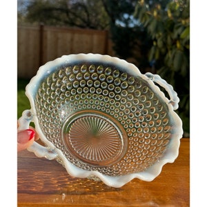 Vintage Anchor Hocking Glass 1940s Moonstone Pattern Crystal with Opalescent Hobnail Crimped Handle Bowl USA Made Vintage Glass