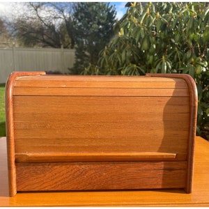 Mid Century Danish Teakwood Office Desk Box Kitchen Countertop Tambour Door Organizer Storage Box by Teak-Teck Dallas TX
