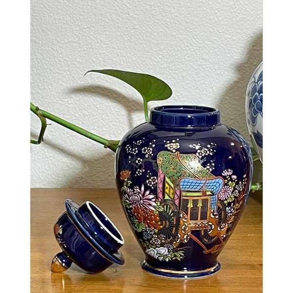 Vintage Japanese Art Urn Vase with Lid Cobalt Blue Gold Hand Painted Porcelain Japanese Wagon Botanical Gold Trim Blue Asian Art Ginger Jar