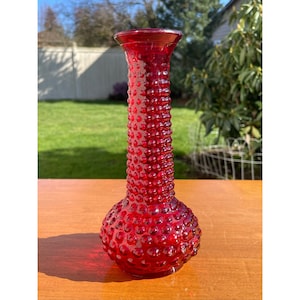 Vintage E.O. Brody Co. Transparent Laminate Film Red Glass Bud Vase Hobnail Pattern Vintage 1970s Glass Made In USA