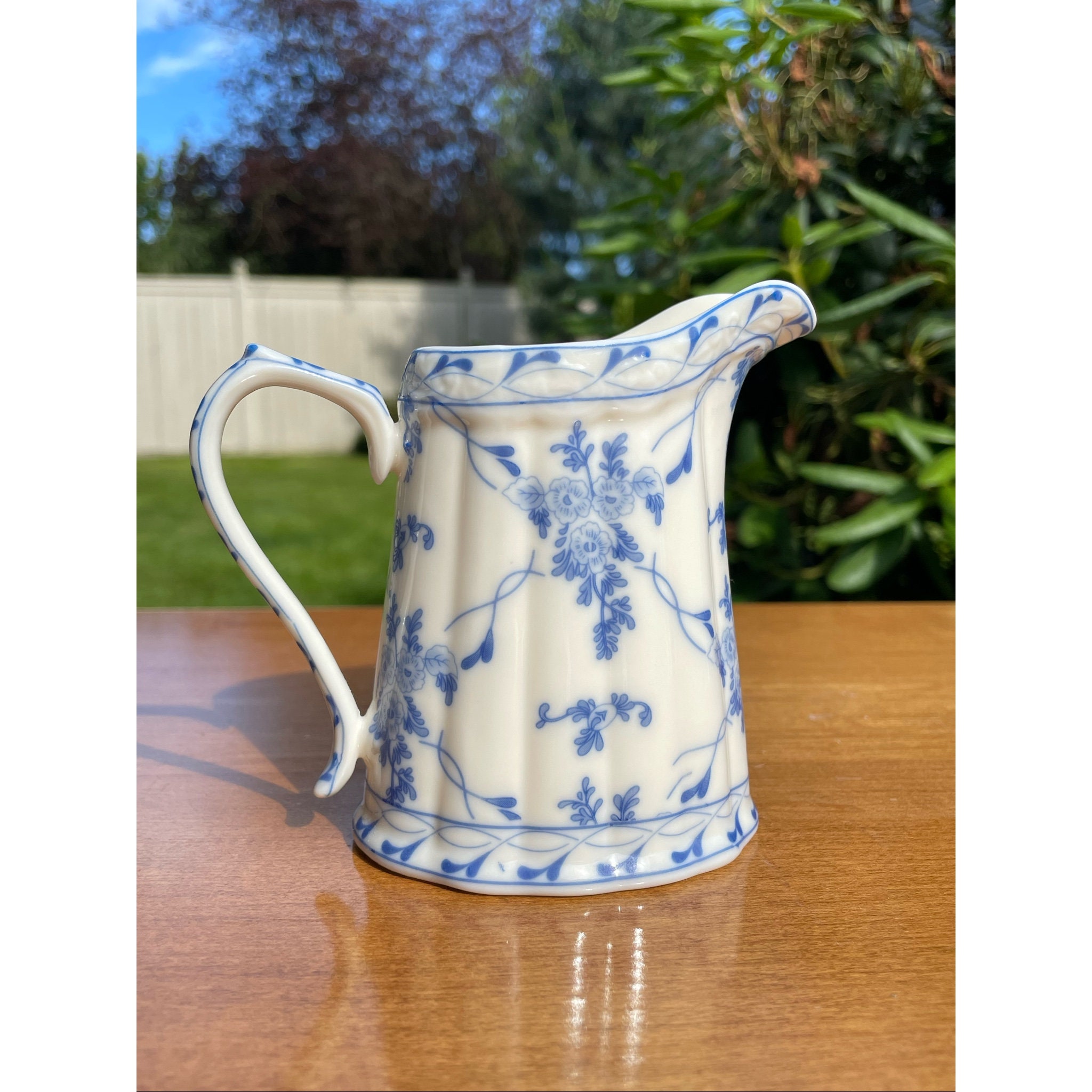 Vintage "Rose Brocade" Fine Porcelain Blue & Cream Creamer with Handle by Skye McGhie