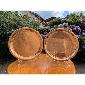 Two Vintage Copper Etched Floral Pattern Round Platters/Serving Trays/Boho Home Decor/Retro Decor/Solid Copper Trays