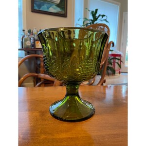 Vintage Avocado Green Glass Round Shape Grape Harvest Pattern Mid Century Footed Candy Dish Table Accent Vase Bowl Indiana Glass Company