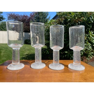Vintage Bullicante Glass Square Clear Heavy Hand Blown Bubble Glass Thick Stem Drinkware Set of 4