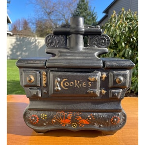 Mid Century Black Cookstove 1950s Lidded Cookie Jar by McCoy USA