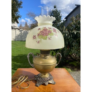 Antique B & H Bradley Hubbard Hurricane Aladdin Gilt Brass Two Handles Tam-O-Shanter Glass Shade Victorian Working Electrified Kerosene Lamp