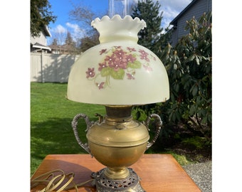 Antique B & H Bradley Hubbard Hurricane Aladdin Gilt Brass Two Handles Tam-O-Shanter Glass Shade Victorian Working Electrified Kerosene Lamp