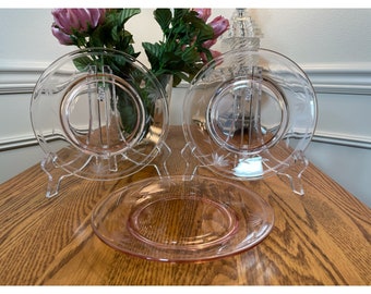 Pretty Pale Pink 1950s Vintage Glass Saucers (Set of 3) Pink Etched Floral Saucer Plates