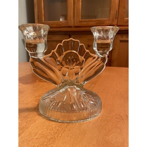 Vintage 1940s Elegant Crystal Glass Candlestick Holder Iris and Herringbone Pattern by Jeannette Glass USA