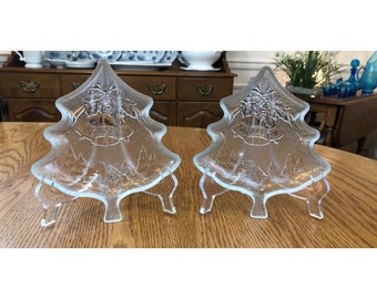 Vintage 1980s Glass Holiday Christmas Tree Shaped With Mistletoe Bells Holiday Serving Tray Treat Tray Trinket Tray