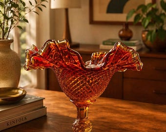 Vintage Amberina Diamond Hobnail Compote Bowl – Mid Century Art Glass Candy Dish