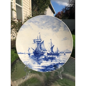 Vintage Dutch Art Large Hand Painted Ceramic Wall Charger/Plate/Decorative Plate/Collectible Plate Holland Ocean Sailboats/Ships