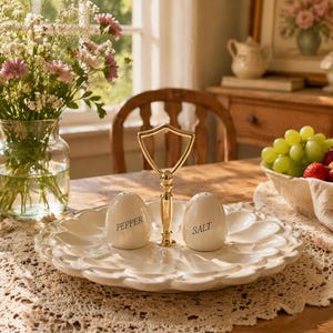 May include: A white ceramic salt and pepper set with a gold handle, on a scalloped plate. The set includes two egg-shaped shakers labeled "Pepper" and "Salt". The table setting includes a vase of flowers and a bowl of fruit.