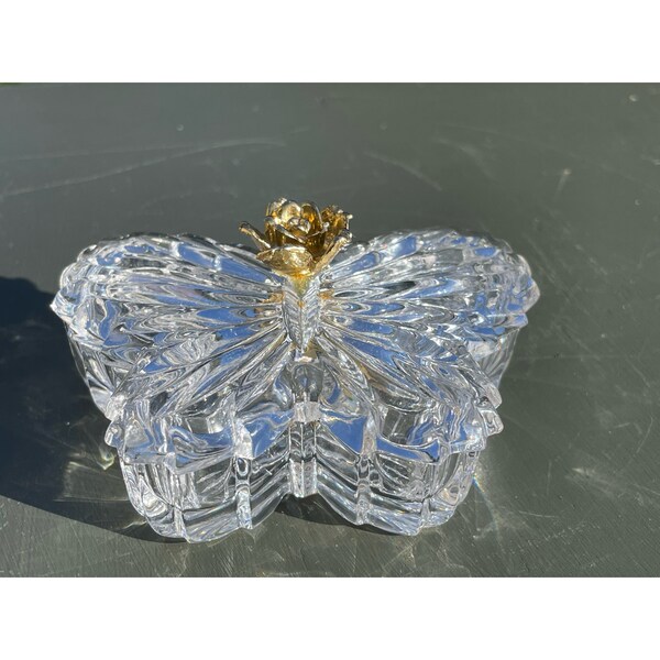 Vintage Genuine Lead Crystal Clear Elegant Dainty Butterfly Trinket Ring Dish with Lidded Gold Rose Handle Made In West Germany