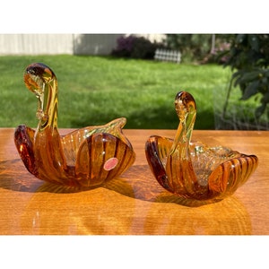 Pair of Murano Art Glass Made In Italy Hand Blown Amber Swan Bird Candy Dish Trinket Dish Mid Century Table Decor with Original Label