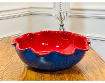 Vintage Style Italian Made Heavy Ceramic Bowl/Red & Blue Hand Painted Center-piece/Kitchen Counter Fruit Bowl by ITALICA ARS Made In Italy