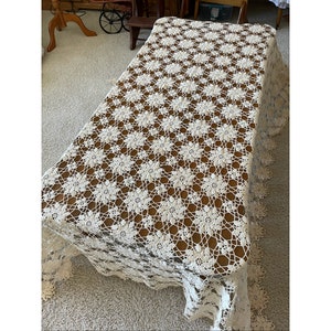 Vintage Gorgeous 1950s/60s Large Hand Crochet Doily Tablecloth/Square Tablecloth/Tan Colored Cotton Cloth/Victorian Home Decor 78&quot; X 63&quot;