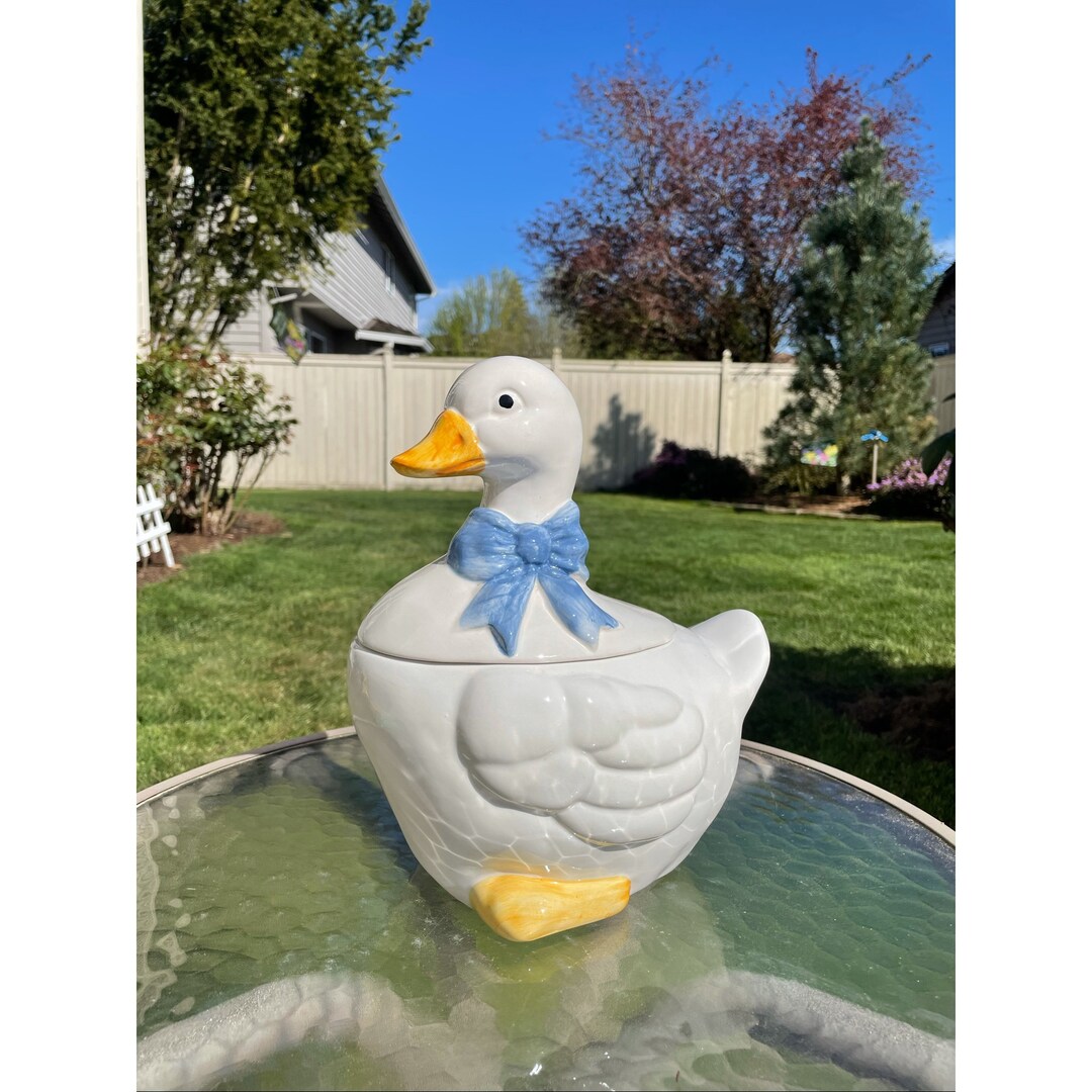 Vintage Ceramic White Duck With Blue Bow Lidded Cookie Etsy