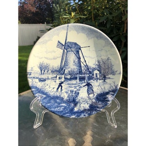 Vintage 1960s Origineel Delfts Blauw Chemkefa Hand-Painted Charger/Wall Plate/Windmill/Barn/Ice Skating/Iced River Made In Holland 9&quot; X 9&quot;