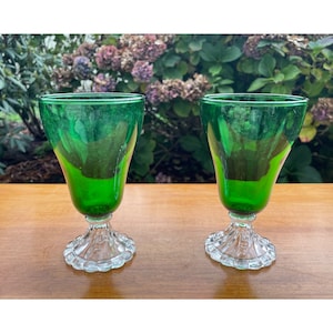 Vintage Set of 2 Forest Green on Clear Stem Sherbet Boopie Glass by Anchor Hocking Made In USA