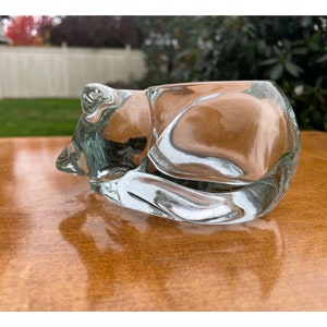 Vintage Resting Cat Clear Glass Hand Blown Heavy Cat Candle Votive Candle Holder by Indiana Glass USA