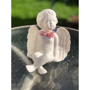 Vintage White Glossy Ceramic Sitting Child Heavenly Angel Figurines 7&quot; Tall