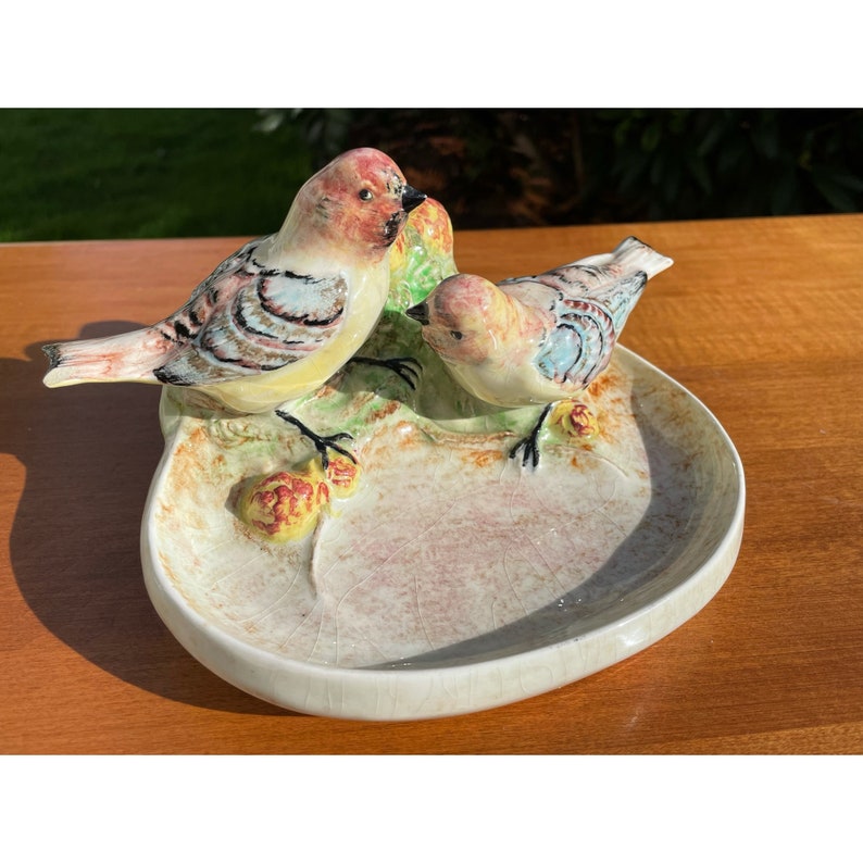 Vintage Made In England Myott Son Staffordshire Goldscheider Glazed Ceramic Bird Figurine In Dish/Vintage Pin Dish/Earring Dish/Trinket Dish sale