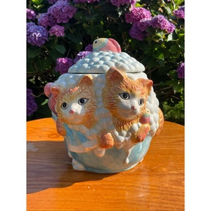 Mid Century 1970s ANCO Girl/Boy Kitten Cat Lidded Cookie Jar/Raised Cats w/Fish Bowl Ceramic Cookie Jar/Collectable Cookie Jar