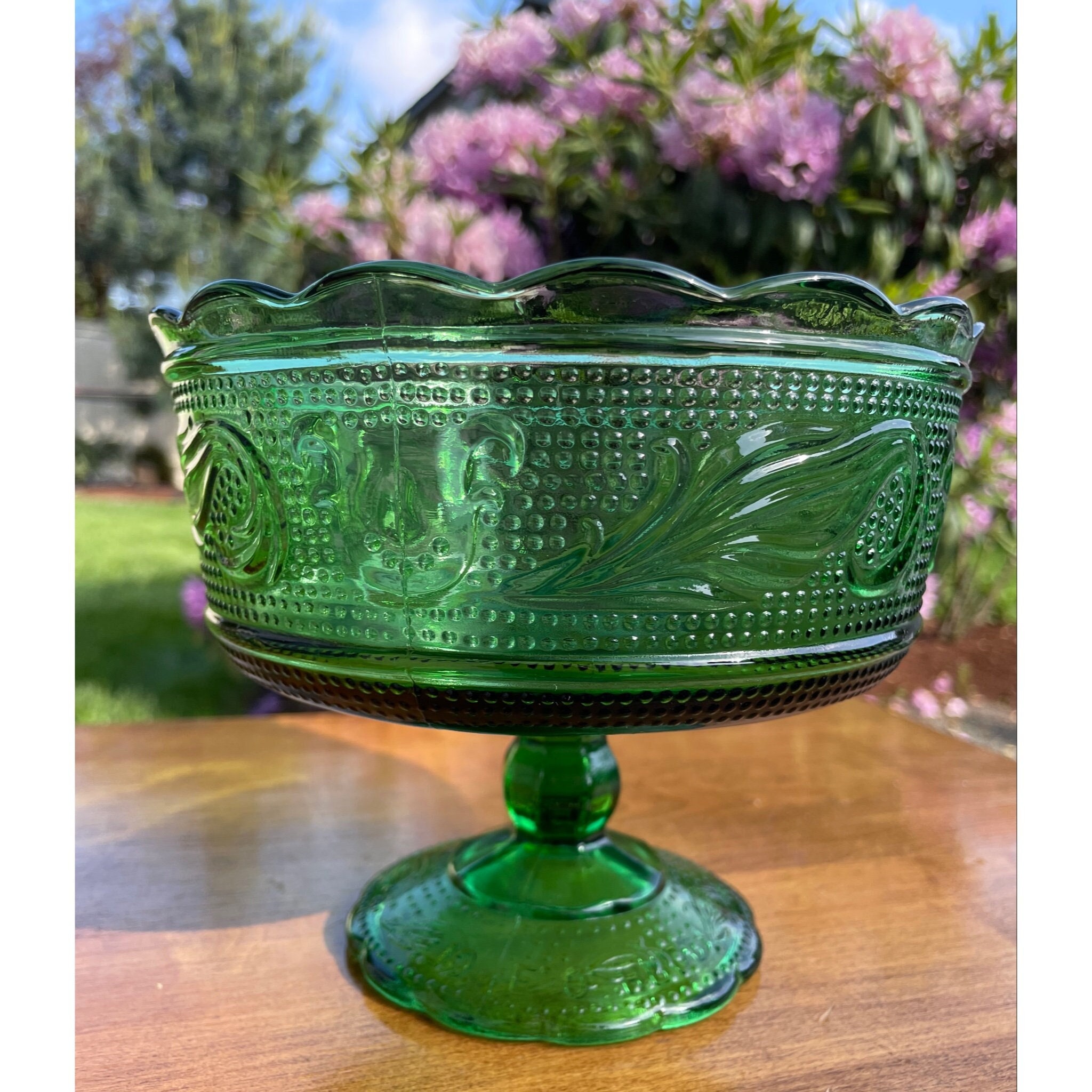 Vintage E.O. Brody Emerald Green Pressed Glass Pedestal Bowl – Made in Cleveland, USA