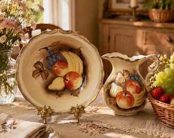 Enesco Japan Bowl and Pitcher ~ Water Basin and Jug ~fruit Motif