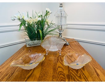 Vintage Frosted Glass Leaf Shaped Gold Trim Deep Dish/Candy Dish/Decorative Dish by Studio Nova Made In Japan In (Individually Sold)
