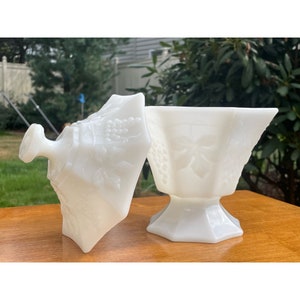 Vintage White Milk Glass Paneled Grape Pattern Octagonal Shaped Footed Pedestal Glass Candy Bowl Accent Table Dish With Lid