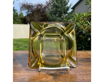 Mid Century Thick Yellow Amber Glass Cigar Cigarette Square Wide Four Notch Ashtray Smoke Bowl Bar Cart Home Decor