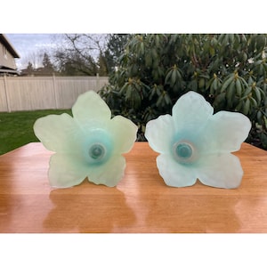 Vintage Frosted Green Tulip Flower Glass Peg Votive Candle Cups with Green Metal Stem Set of 2