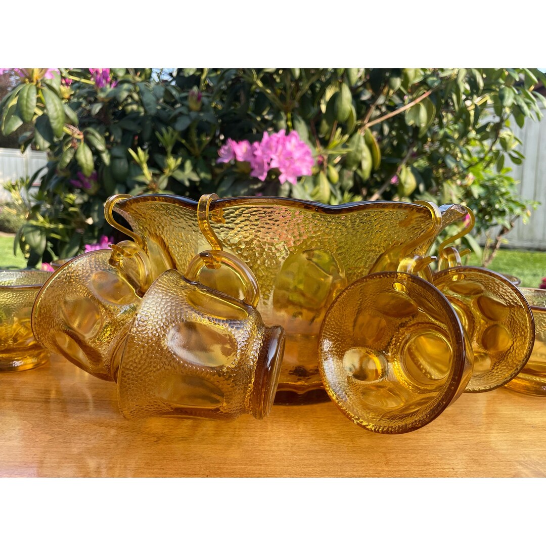 Vintage Hazel Atlas Amber Glass Punch Bowl Set Pebblestone Textured