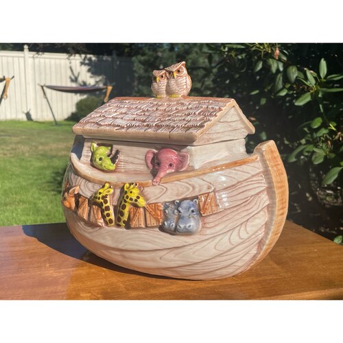Vintage 1960s Treasure Craft California Pottery Noahs Ark Collectable Kitchen Lidded Cookie Jar Made In USA shops
