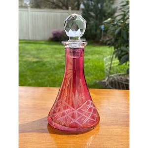 Vintage Flashed Cranberry Pink Cut To Clear Apothecary Body Oil Bottle Decanter with Diamond Cut Globe Ball Stopper